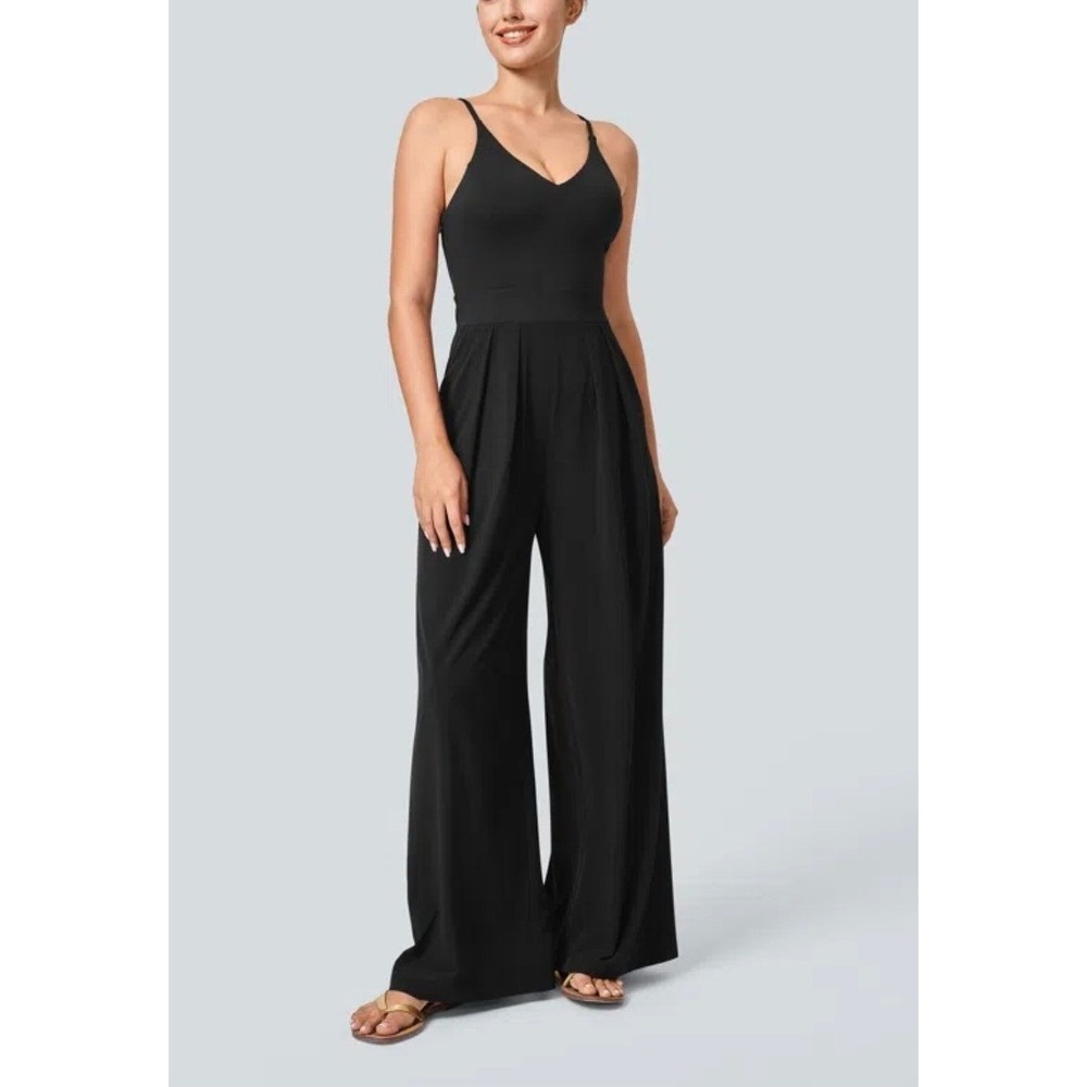 Halara Breezeful Black Wide Leg V-Neck Quick Dry Resort Slip Jumpsuit Large